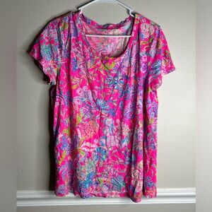 Lilly Pulitzer Etta V-Neck Pink Isle Shell Me Something Good T-Shirt X-Large